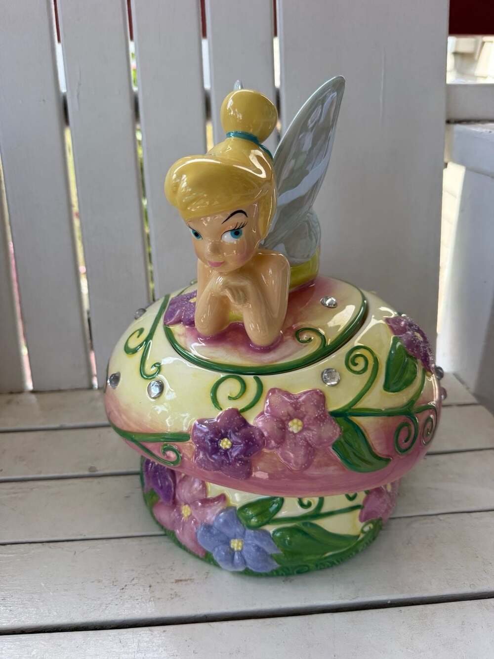 Vintage Disney Tinker Bell Floral Jeweled Mushroom Ceramic Cookie Jar